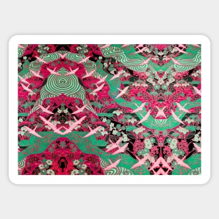 FLYING WHITE CRANES ON BLUE WATER AND SPRING FLOWERS Antique Red Teal Japanese Floral Sticker